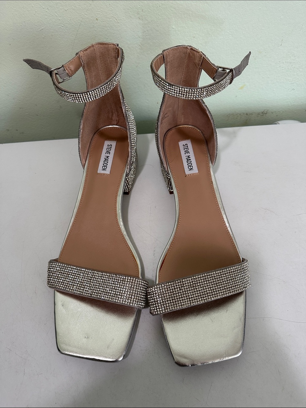 Steve Madden Silver Crystal Ankle-Strap Block Heels - Picture 3 of 5